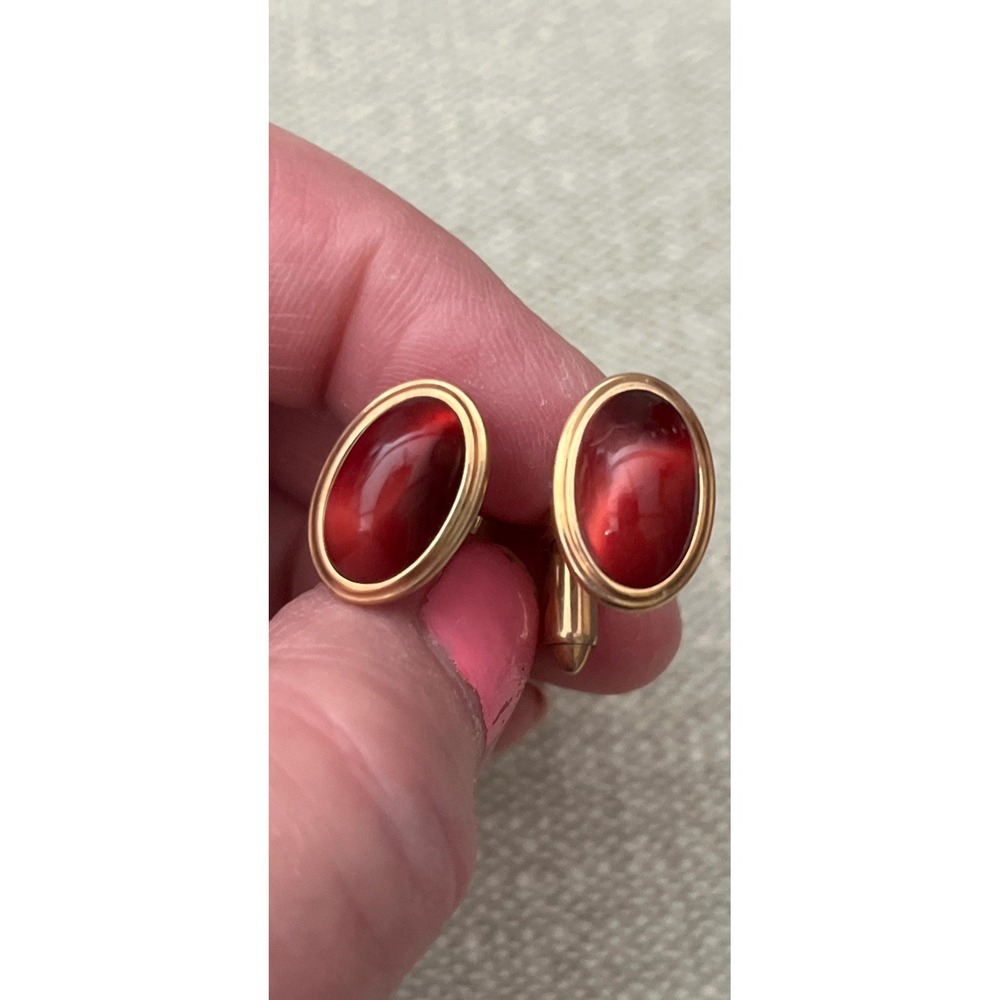 Vtg Krementz Gold Tone Red Moonstone Cabochon Cuff Links Tuxedo Slight Glow USA